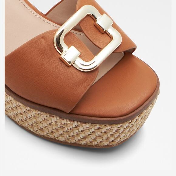 Aldo CARRABRIRIA TEXTURED ANKLE STRAP WEDGES Sandal 8.5 New Cognac Brown - Picture 8 of 9